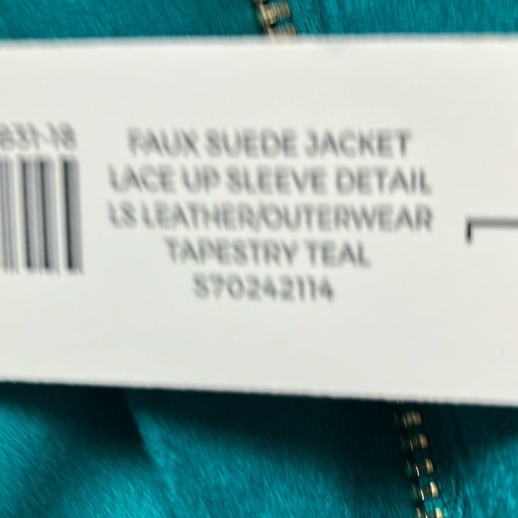 Chico’s:Tapestry Teal Faux Suede Jacket- Lace up sleeve- gold tone-8/10 (size 1) - Picture 4 of 14